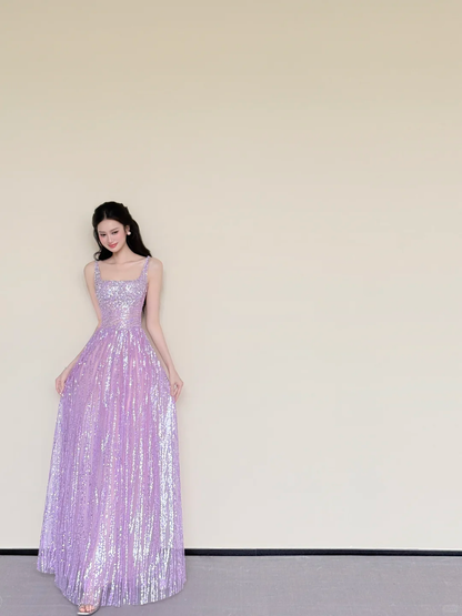 Lavender Square Neck Wide Strap Sequin A-Line Evening Gown  NV7426