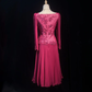 Square Neck Magenta Vintage Midi Prom Dress Long Sleeve Chiffon Lace Floral Appliques Beaded Formal Gown  NV6902