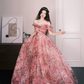 Off Shoulder Pink Watercolor Floral Tulle Prom Dress, Romantic A-Line Evening Gown  NV7332