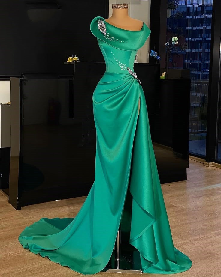 Grünes, wunderschönes, modisches, elegantes, exquisites Baoshi-Kleid mit Perlen, lang, Satin, bodenlang, mit Schlitz, sexy Ballkleid, Abendkleid, Geburtstagspartykleid, Ballkleid nv3947