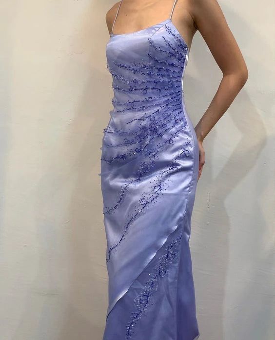 Lila Schlitz A-Linie Spaghettiträger Langes Ballkleid Abendkleid nv2802