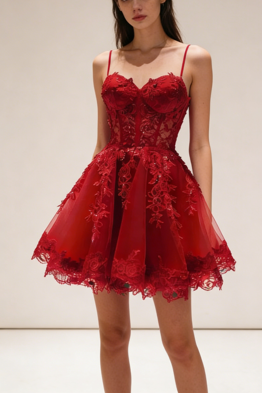 Red Lace Appliqué Spaghetti Strap Short Tulle Back-To-School Dress/Birthday Party Dress Nv4932