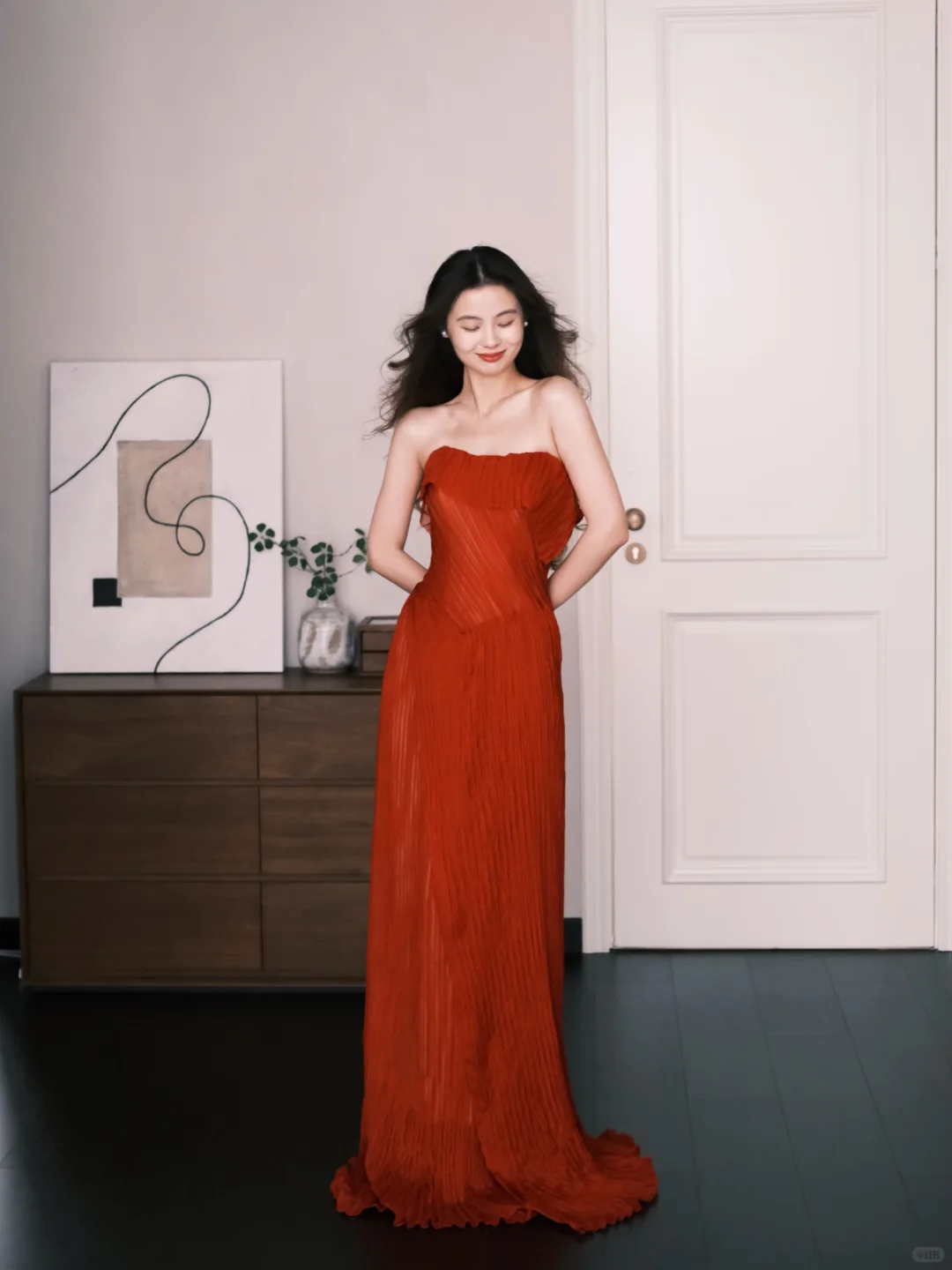 Strapless Pleated Prom Dress Rust Red Ruffle Flowy Formal Evening Gown  NV7249