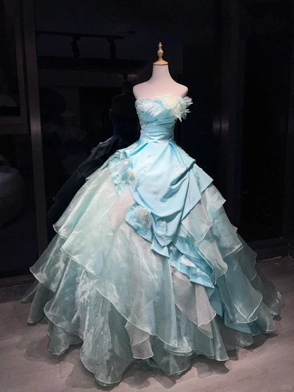 Strapless Mint Blue Prom Dress Satin Ruched Hand Beading 3D Flower Organza Ruffle Ball Gown  NV7051