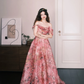 Off Shoulder Pink Watercolor Floral Tulle Prom Dress, Romantic A-Line Evening Gown  NV7332