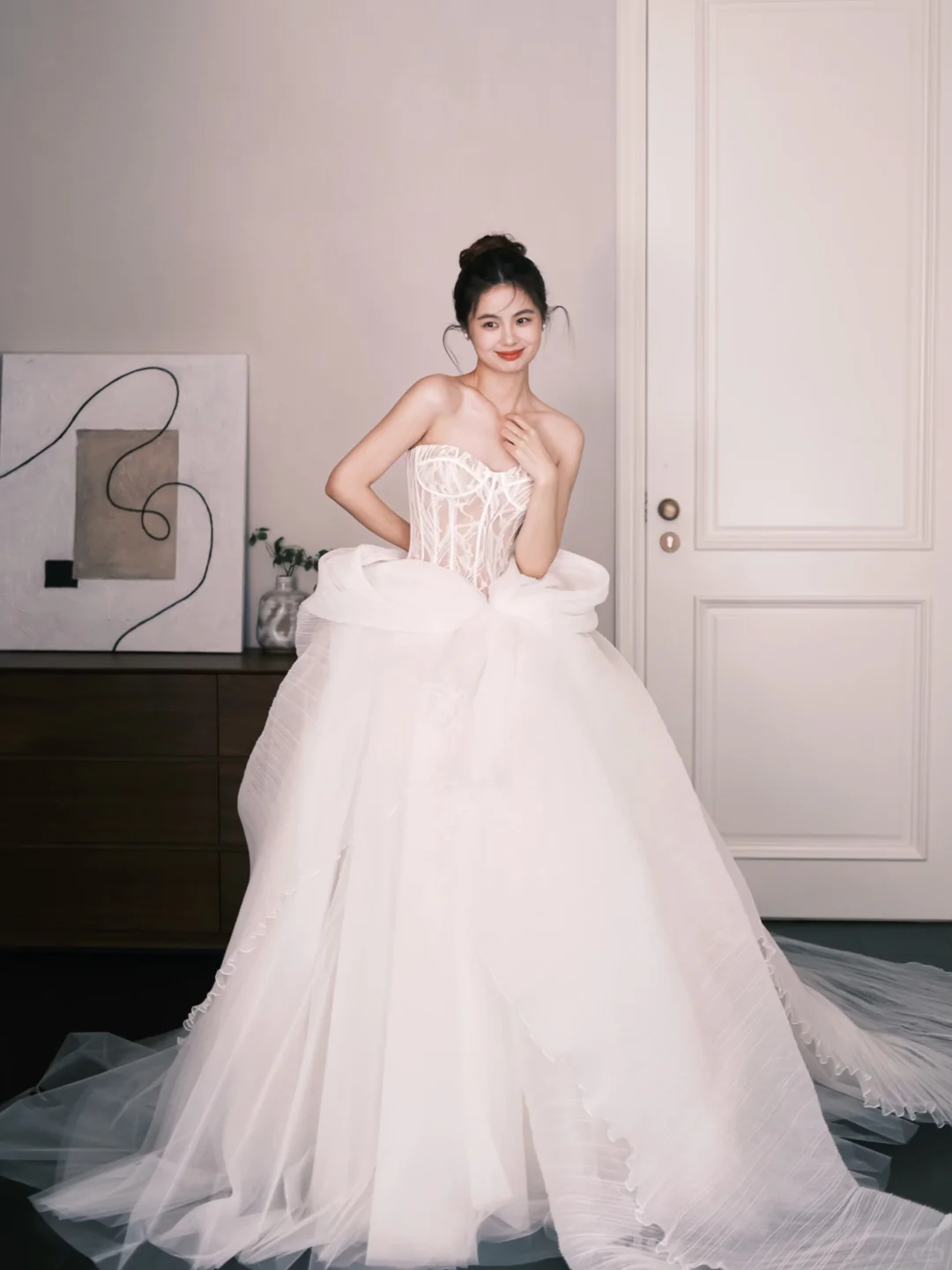 Sweetheart Sheer Lace Corset Wedding Dress, Big Bow Tulle Ballgown with Train  NV7352