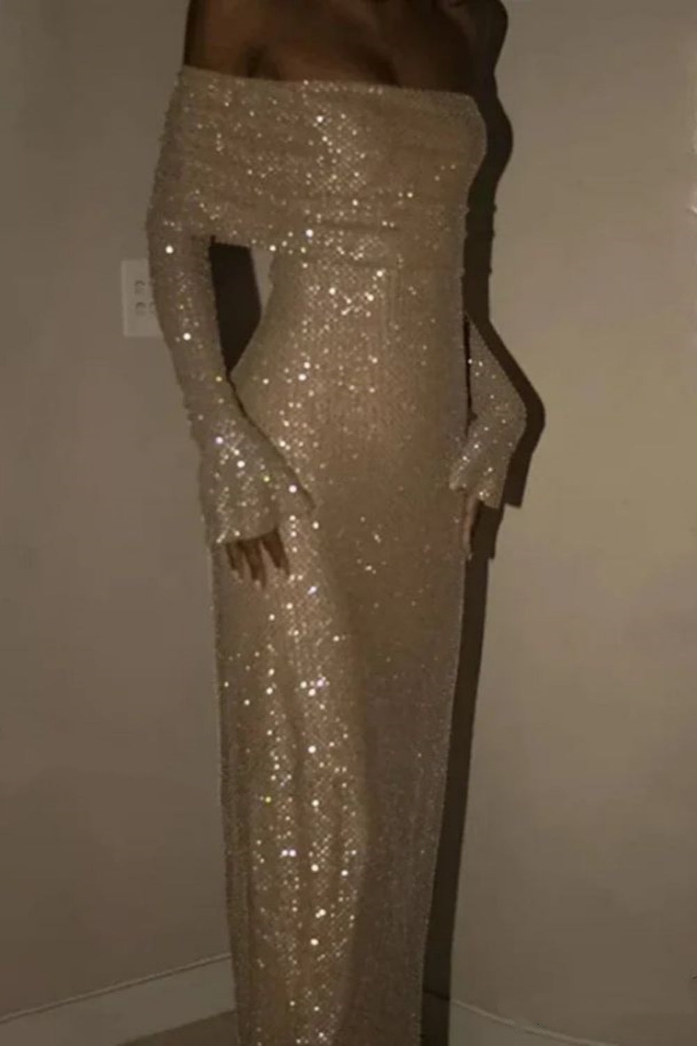 Champagne gold/grey sequined long sleeves charming off-the-shoulder long prom dress party dress nv5295