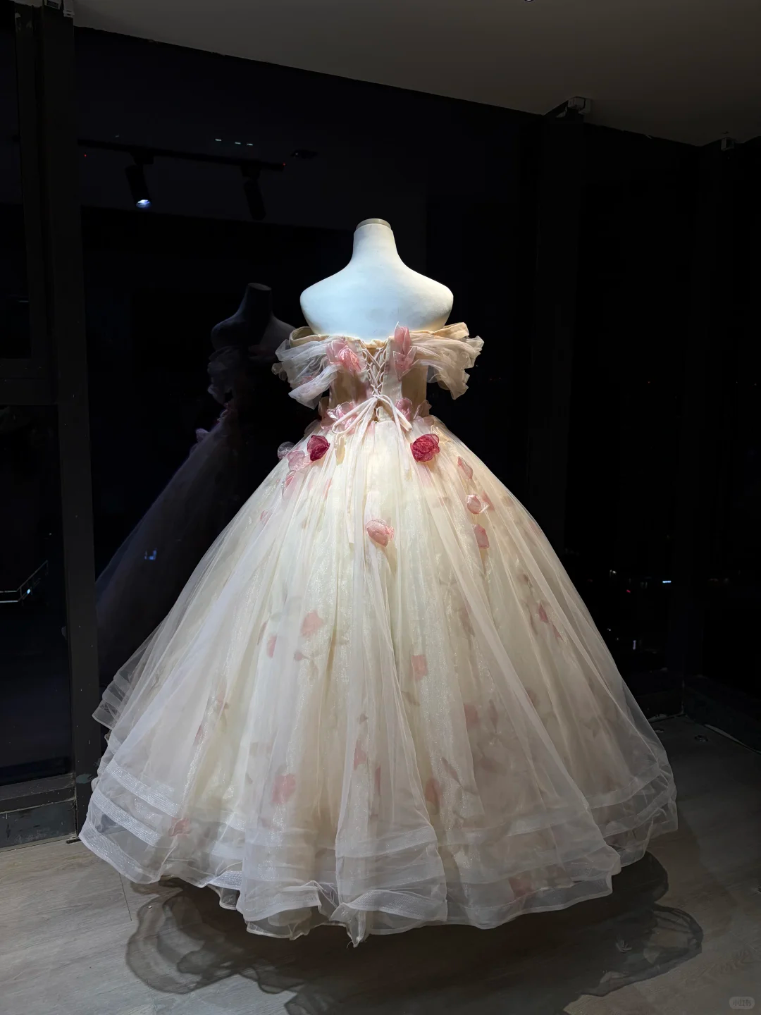 Off Shoulder Ivory Prom Dress 3D Pink Petal Floral Appliques Glitter Tulle Ball Gown  NV7046