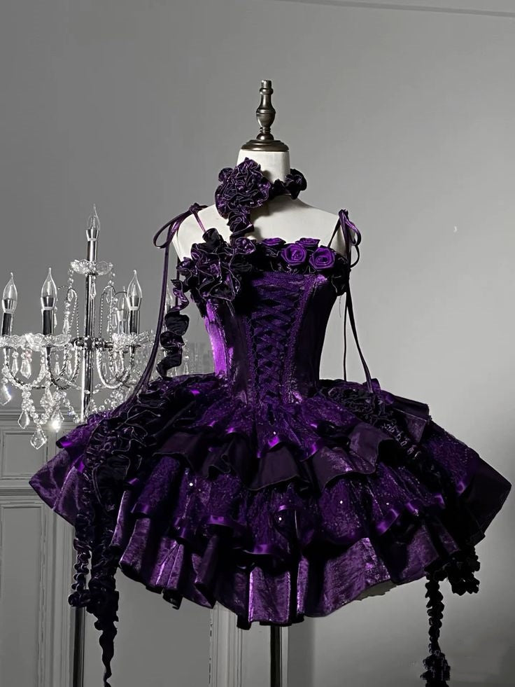 Purple Floral Vintage Cute Short Tulle Homecoming Dress Prom Dress Birthday Dress nv4825