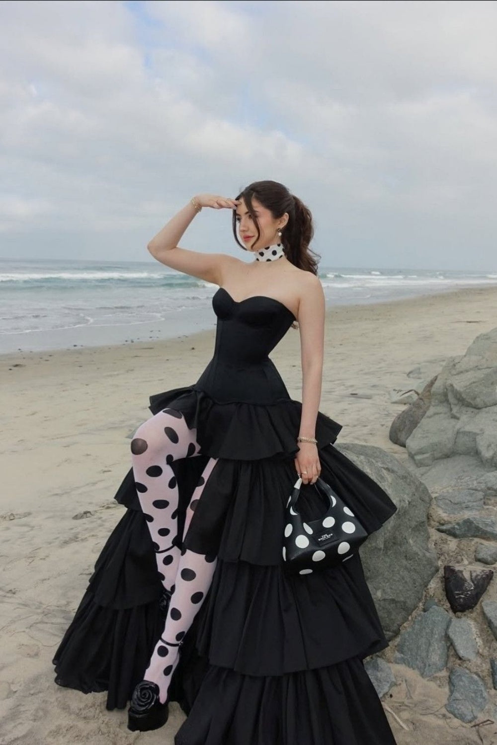 Luxury Palace Style Spaghetti Strap Beaded Gown | Black Satin Ballgown Train Maxi Dress for Red Carpet Gala Awards Ceremony High-End Social Event NV6271