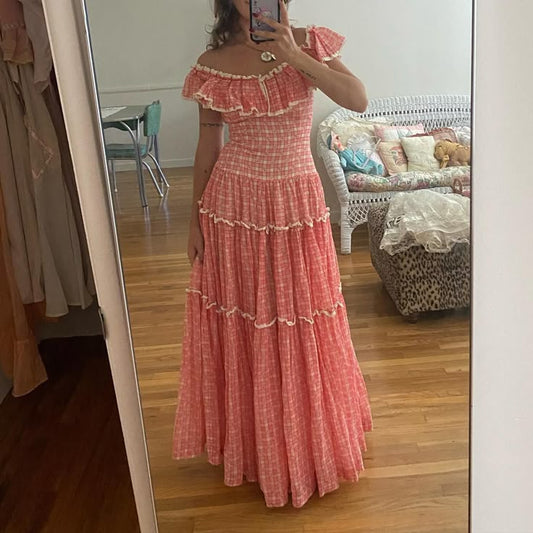 Pink Cute Off Shoulder A-Line Long Elegant Chiffon Ruffle Ball Gown Evening Dress Fashion Holiday Party Dress nv3582