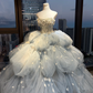 Strapless Dusty Blue Fairy Ball Gown 3D Floral Beaded Cloud Tulle Long Prom Dress  NV7024