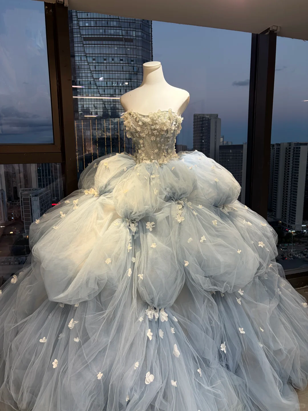 Strapless Dusty Blue Fairy Ball Gown 3D Floral Beaded Cloud Tulle Long Prom Dress  NV7024