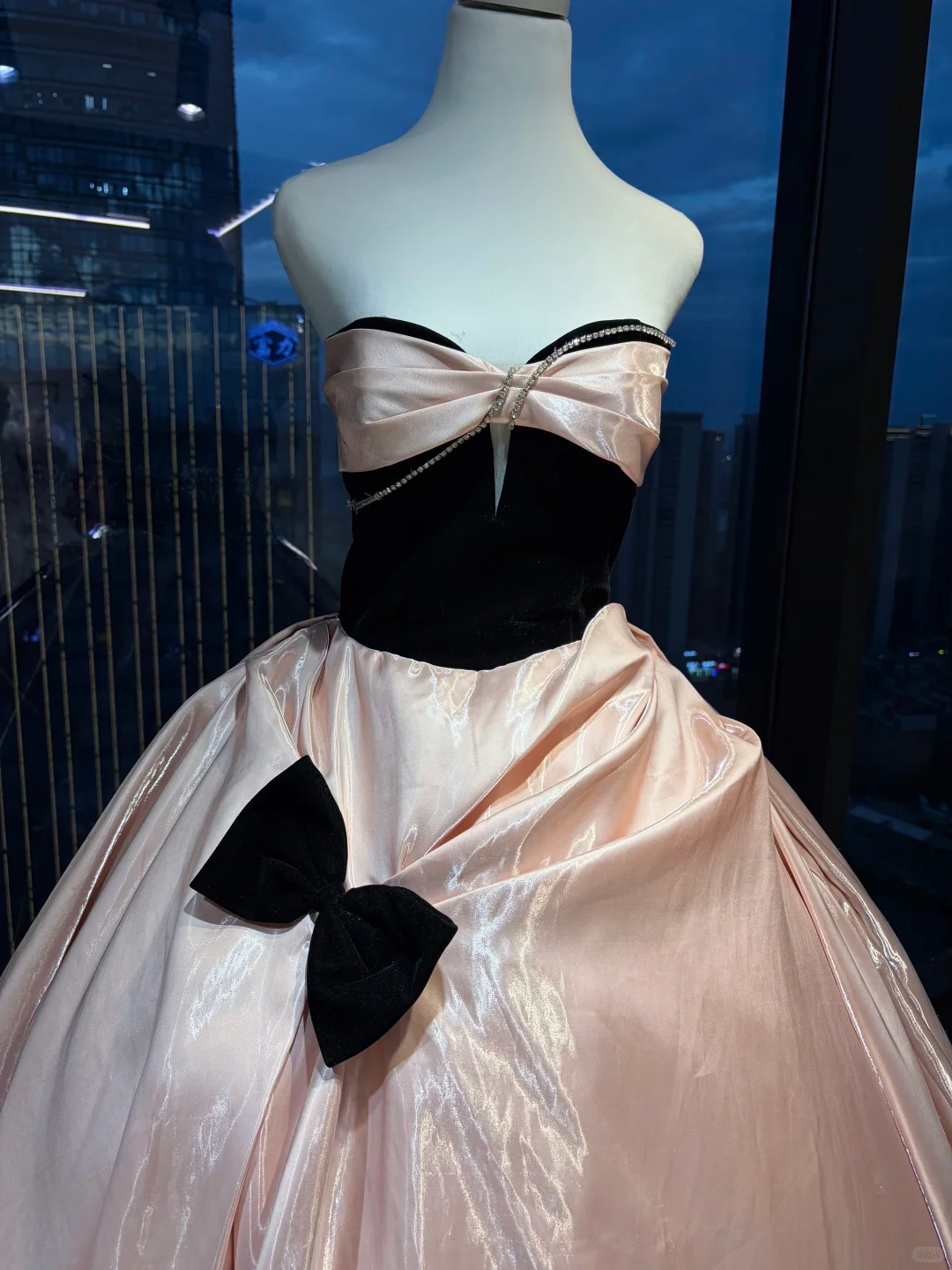 Strapless Black Pink Contrast Ball Gown Velvet Bodice Shiny Satin Skirt Bow Prom Dress  NV7042