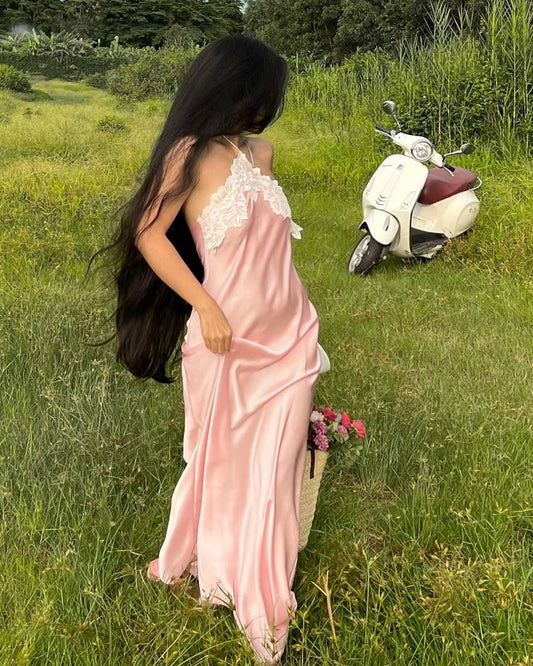 Robe de soirée longue en satin rose sans bretelles en dentelle et robe d'invité de mariage nv2908