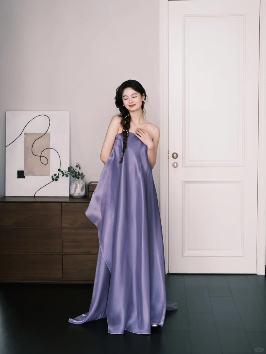 Lavender Strapless Satin Prom Dress Flowy Long Train Evening Gown  NV7213