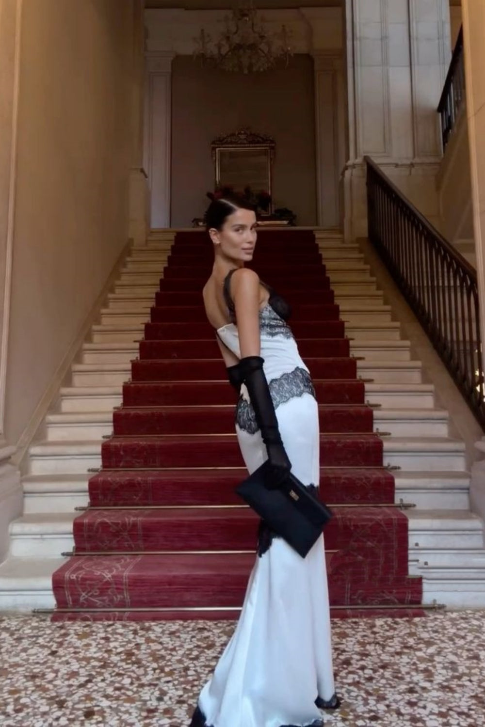 Black and white contrast lace fashionable elegant sexy long satin Prom Dress evening dress wedding guest party dress nv4806