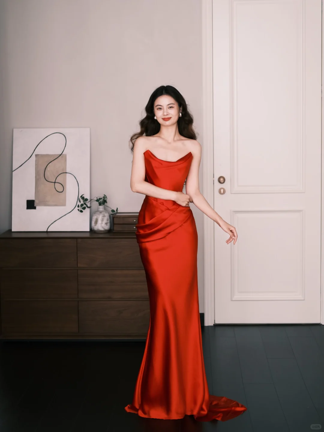 Bright Red Strapless Satin Mermaid Evening Gown  NV7226