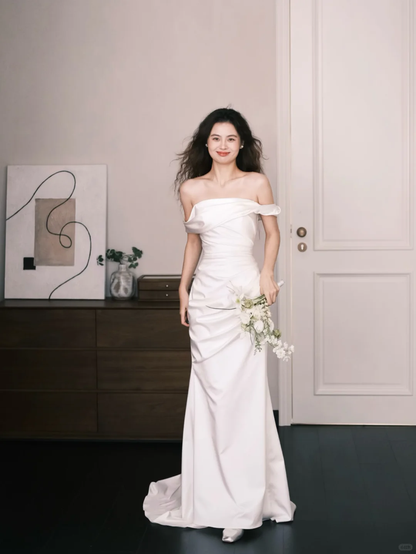 Off Shoulder Foldover Satin Mermaid Bridal Gown with Side Ruching  NV7367