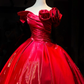 Off Shoulder Bright Red Satin Prom Dress 3D Rose Ruching Glossy Ball Gown  NV6983