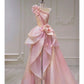 Robe de soirée longue en satin et tulle rose, élégante et exquise, à fleurs perlées, épaules dénudées, longueur au sol, à paillettes, nv3821