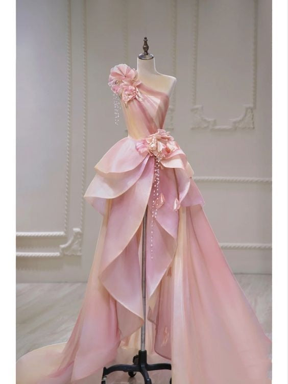 Robe de soirée longue en satin et tulle rose, élégante et exquise, à fleurs perlées, épaules dénudées, longueur au sol, à paillettes, nv3821