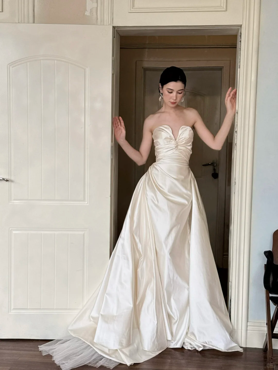 Ivory Strapless Twisted Knot Satin A-Line Wedding Gown  NV7189
