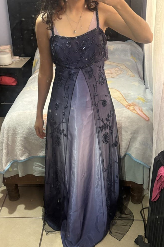 NiceVestidos--Elegant Vintage Style Gradient Purple Tulle Embroidered Beaded Spaghetti Strap Floor-Length Gown NV5796