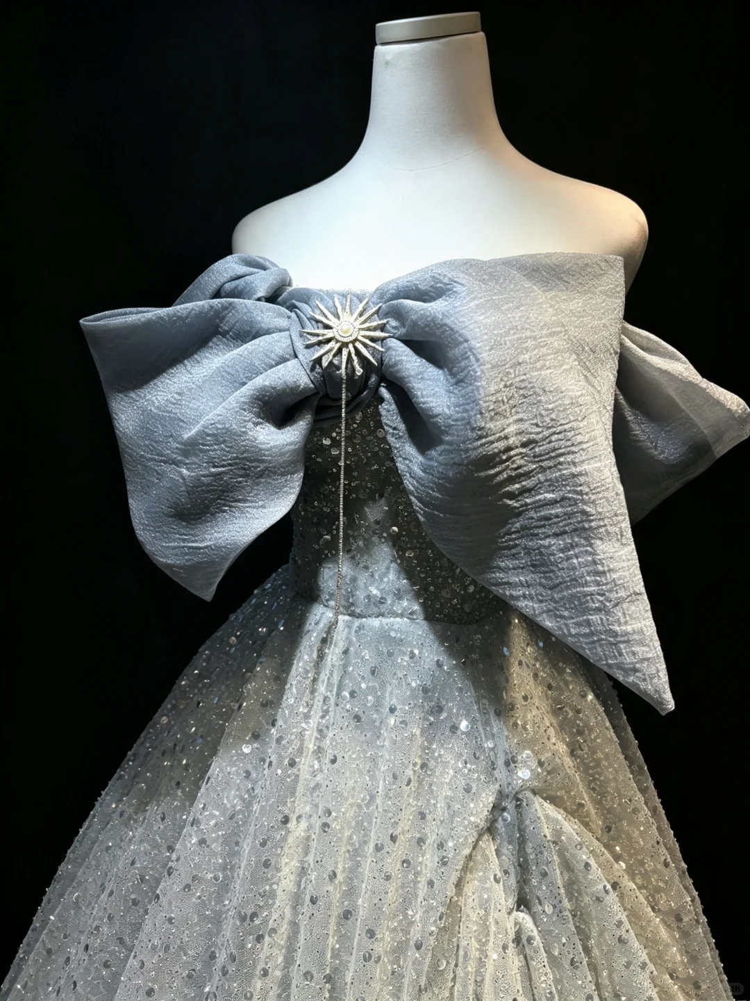 Off Shoulder Dusty Blue Princess Prom Dress Big Bow Sparkly Tulle Ball Gown  NV6976