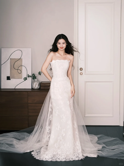 Strapless Lace Mermaid Wedding Dress Sheer Overskirt Bridal Gown  NV7219