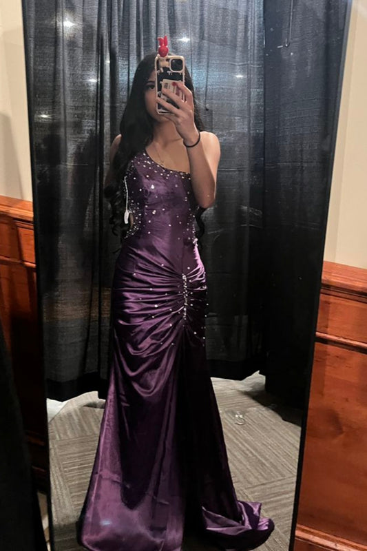 NiceVestidos--Purple One - Shoulder Diamond - Embellished Mermaid Floor - Length Evening Dress NV5765
