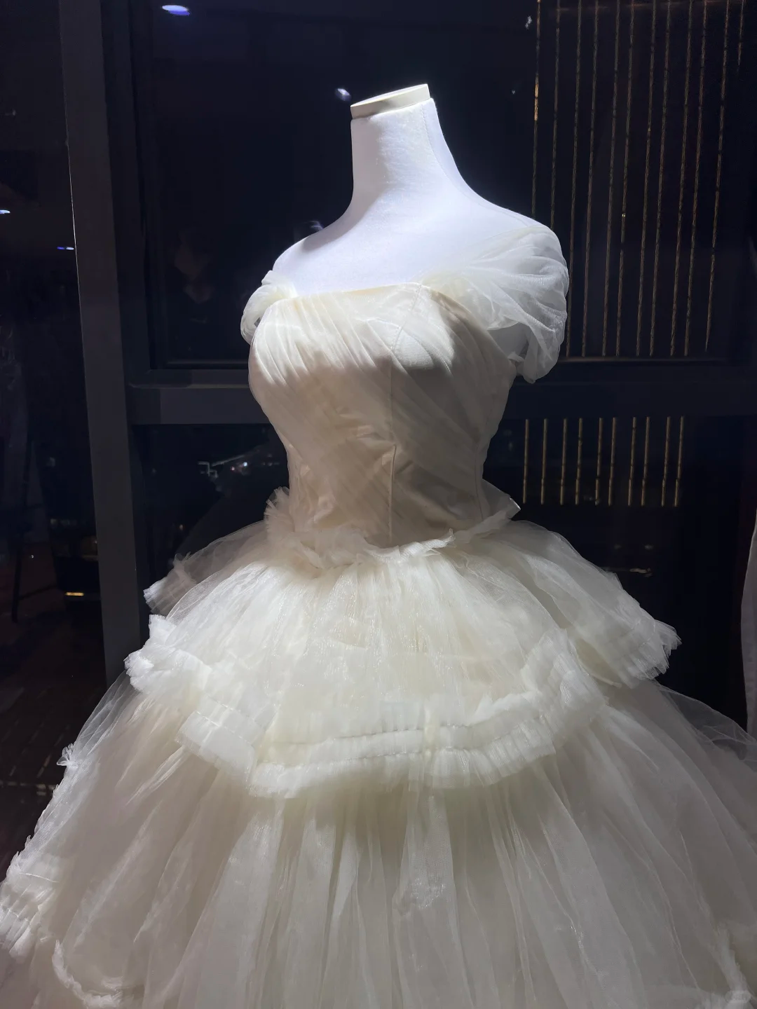 Off Shoulder Ivory Tiered Cake Tulle Ball Gown, Princess Wedding Bridal Dress  NV7103
