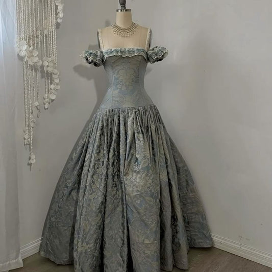 Mist Blue Brocade Off-Shoulder Fitted Ball Gown NV6242