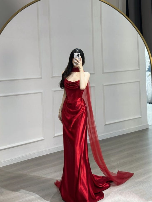 Robe de soirée sirène longue en satin rouge, élégante et charmante, coupe ajustée, longueur au sol, robe de bal nv3991