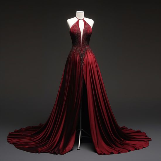 NiceVestidos-Burgundy Satin Halter-Neck Beaded-Embellished Floor-Length Train Gown NV6216