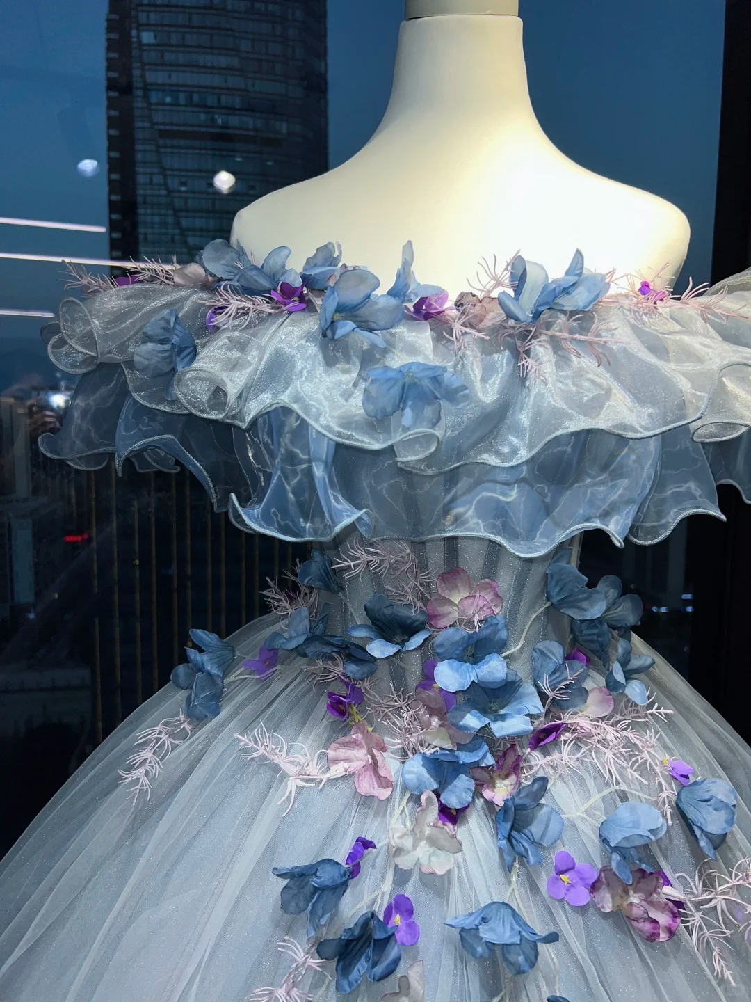 Light Gray Blue Off Shoulder Princess Ball Gown Corset 3D Gradient Floral Tiered Organza Ruffle Long Evening Gown  NV7003