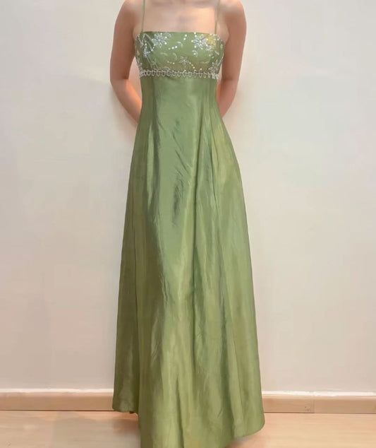 Green Stylish Elegant Exquisite Beaded Spaghetti Strap Long satin Prom Dress Evening Dress Party Dress Prom Dress nv4021
