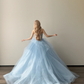 Light Ice Blue Strapless Prom Gown Beaded 3D Flower Multi-Layer Tulle A Line Evening Dress  NV7150