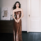 Strapless Bronze Sequin Mermaid Prom Dress with 3D Flower Neckline  NV7370