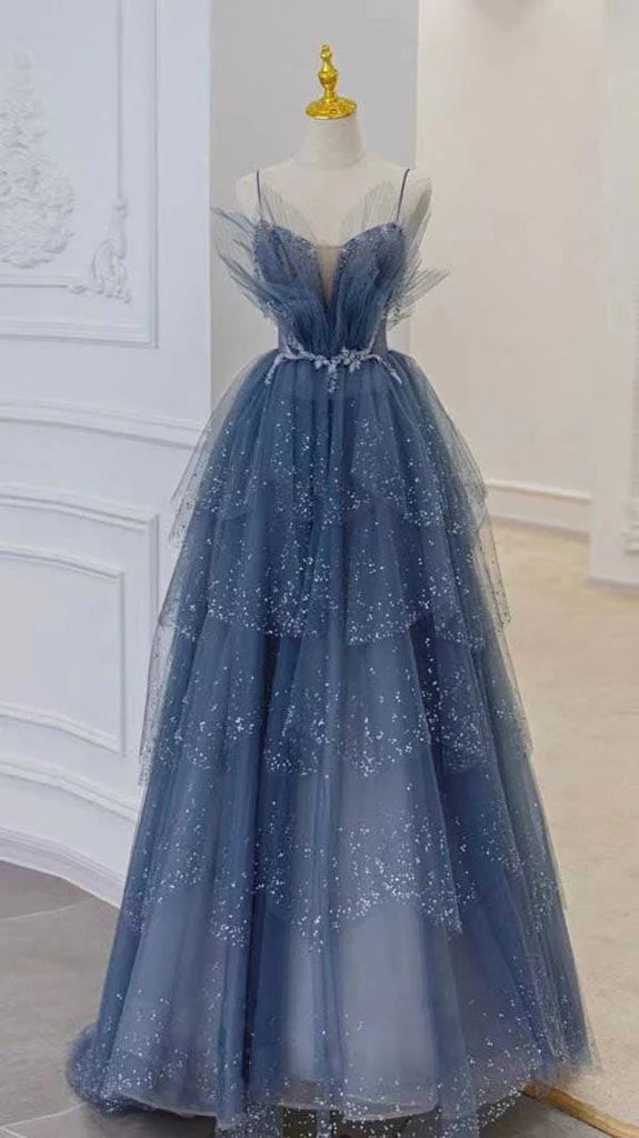 ball gown graduation dresses Blue gorgeous shiny elegant applique long tulle evening gown – NiceVestidos avoid hanging solely by width:XF Short Satin Ruffles Homecoming May_26_Summer_Sale