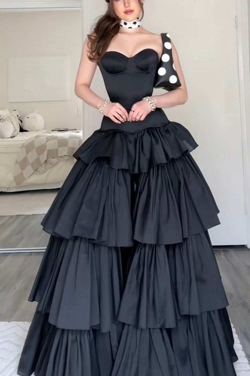 Luxury Palace Style Spaghetti Strap Beaded Gown | Black Satin Ballgown Train Maxi Dress for Red Carpet Gala Awards Ceremony High-End Social Event NV6271
