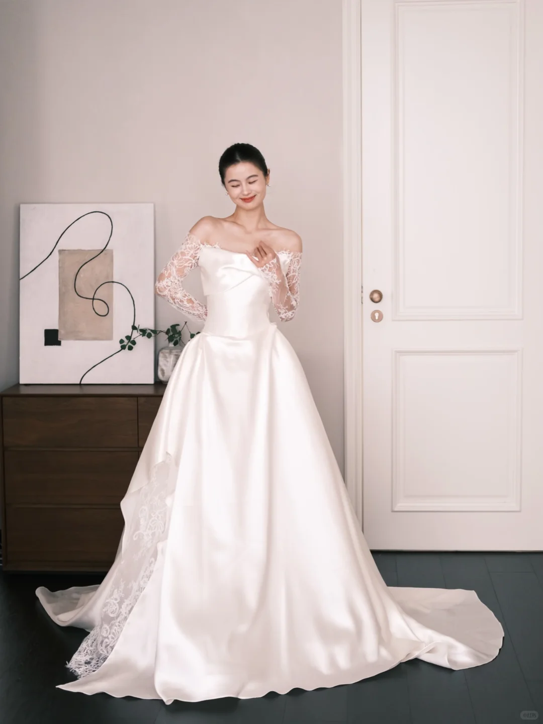 Off The Shoulder Satin Ballgown Wedding Dress Detachable Lace Sleeves Bridal Gown  NV7205