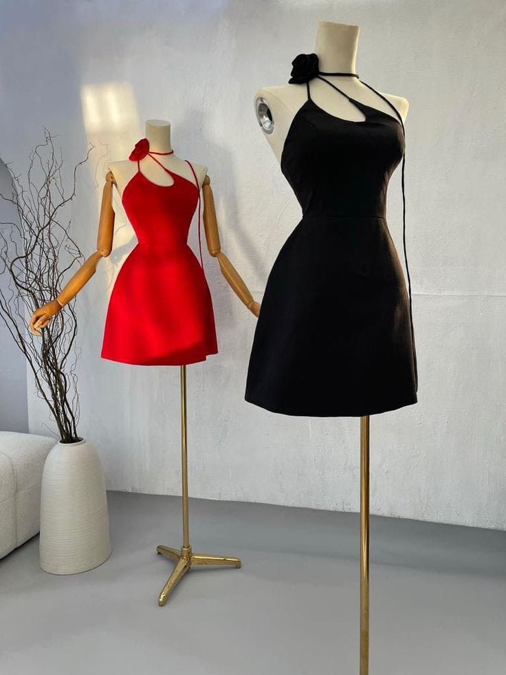 Black/Red Fashion Simple Suspender Short Mini Satin Homecoming Dress Prom Dress Evening Dress Party Dress nv3894