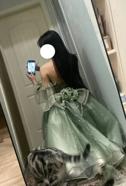 Green Cute Off Shoulder A Line Floral Short tulle Party Dress Mini Birthday Dress Homecoming Dress Prom Dress nv4172