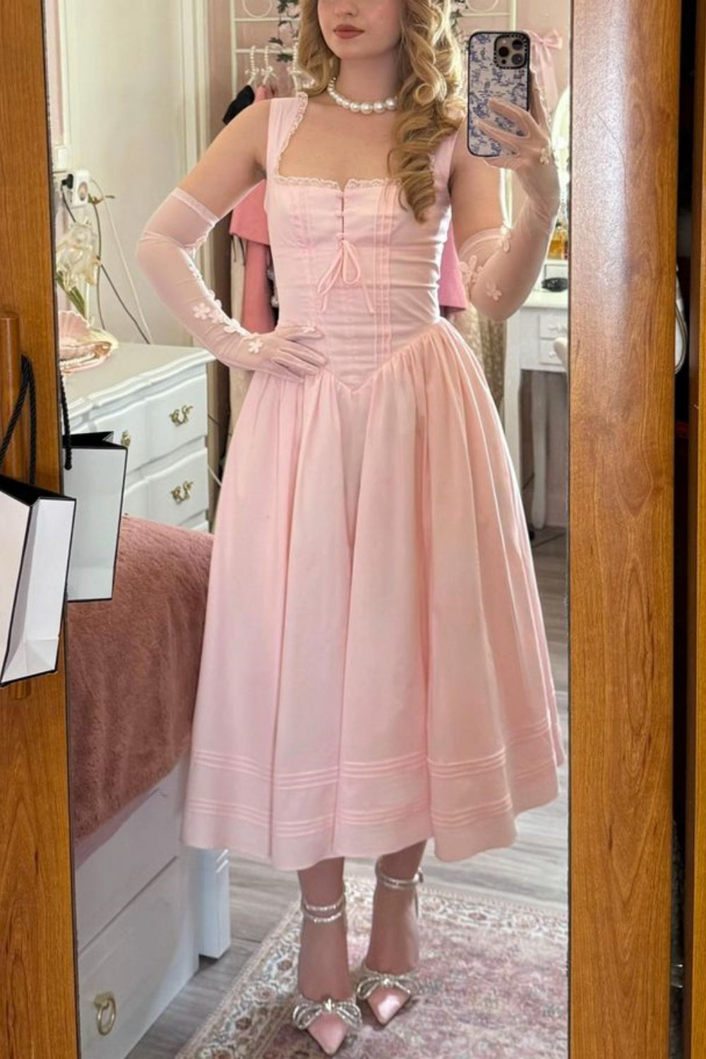 NiceVestidos--Pink sweet mid-length chiffon prom dress homecoming dress equestrian viewing attire NV5833