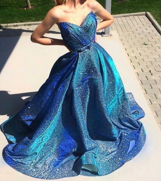 Blaues, glänzendes, elegantes A-Linien-Ballkleid mit langen Pailletten, Abendkleid, Partykleid, Abschlusskleid, nv3488
