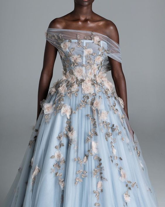 Mist Blue Garden Off-Shoulder 3D Floral Ball Gown Evening Dress NV6565