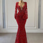 Red Gorgeous Exquisite Beaded Lace V-neck Long Sleeves Mermaid Ball Gown Evening Gown Party Dress nv3473
