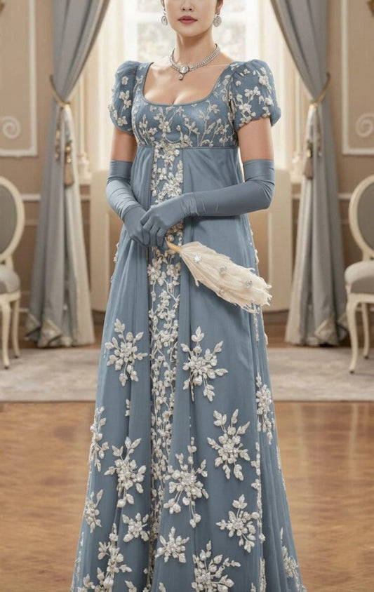 NiceVestidos – Retro-blaues, kurzärmeliges Empire-Kleid mit Blumenmuster, hohe Taille, langes Chiffon-Ballkleid mit quadratischem Ausschnitt, NV5881