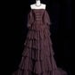 Dark Brown Tulle Strapless Beaded Tiered Train Starry-Sky Style Gown NV6229